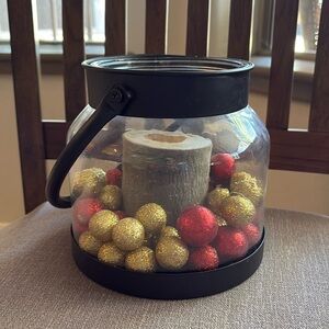 Holiday decor lantern with balls and Aspen candle